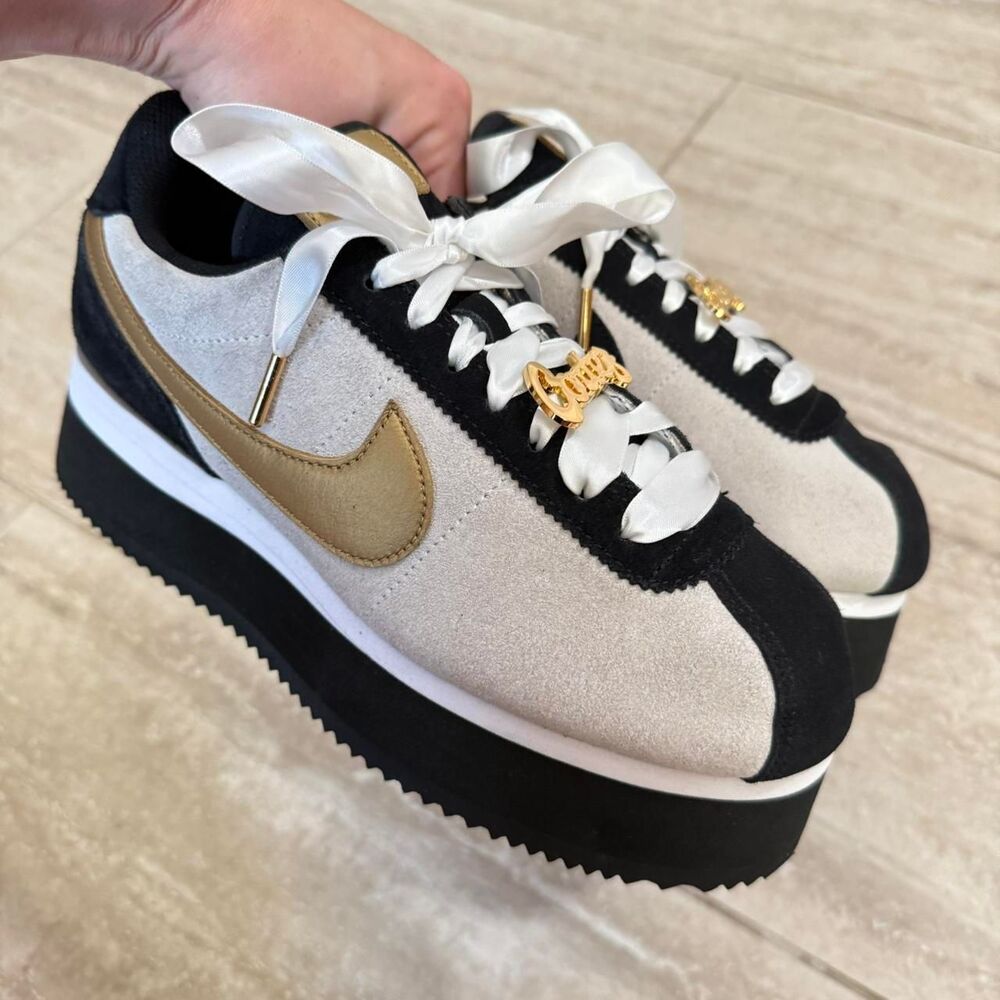 RARE Nike Cortez white gold black platform trainers sneaker Womens Size US 9